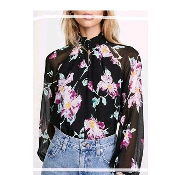 ALC Top Womens 4 Black Pink Multi Floral Silk Venetia Sheer Sleeve Boho Fairy - Picture 2 of 10